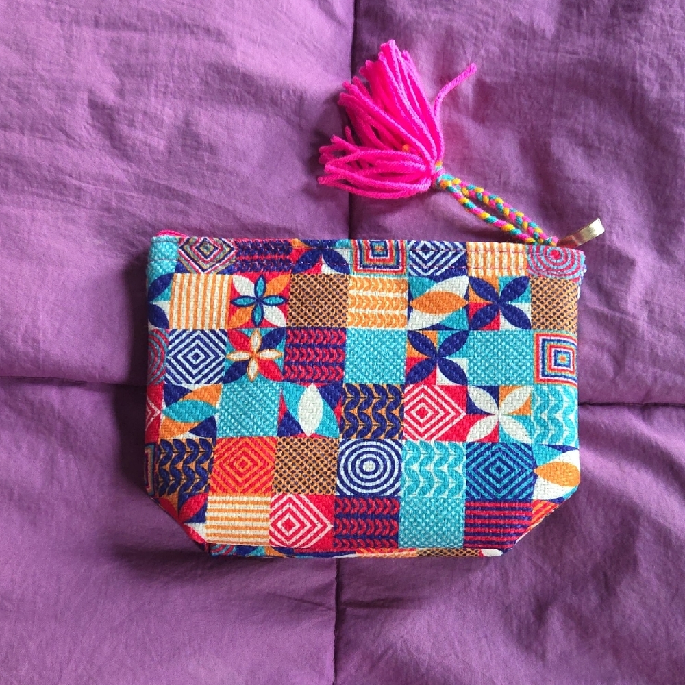 Handmade Bright Colorful Cosmetics Bag From Mexico w Pom Pom On Zipper NWT